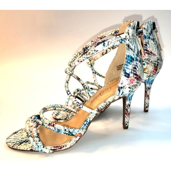 Amelia Grace Melissa Snake Skin Print Multi Color Rope Straps Zipper Heel 3.5 in - Picture 2 of 12